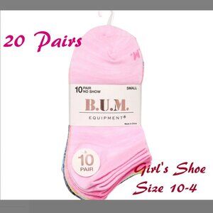 20 Pair Girls Size 10-4 Shoe BUM Socks No Show Lightweight